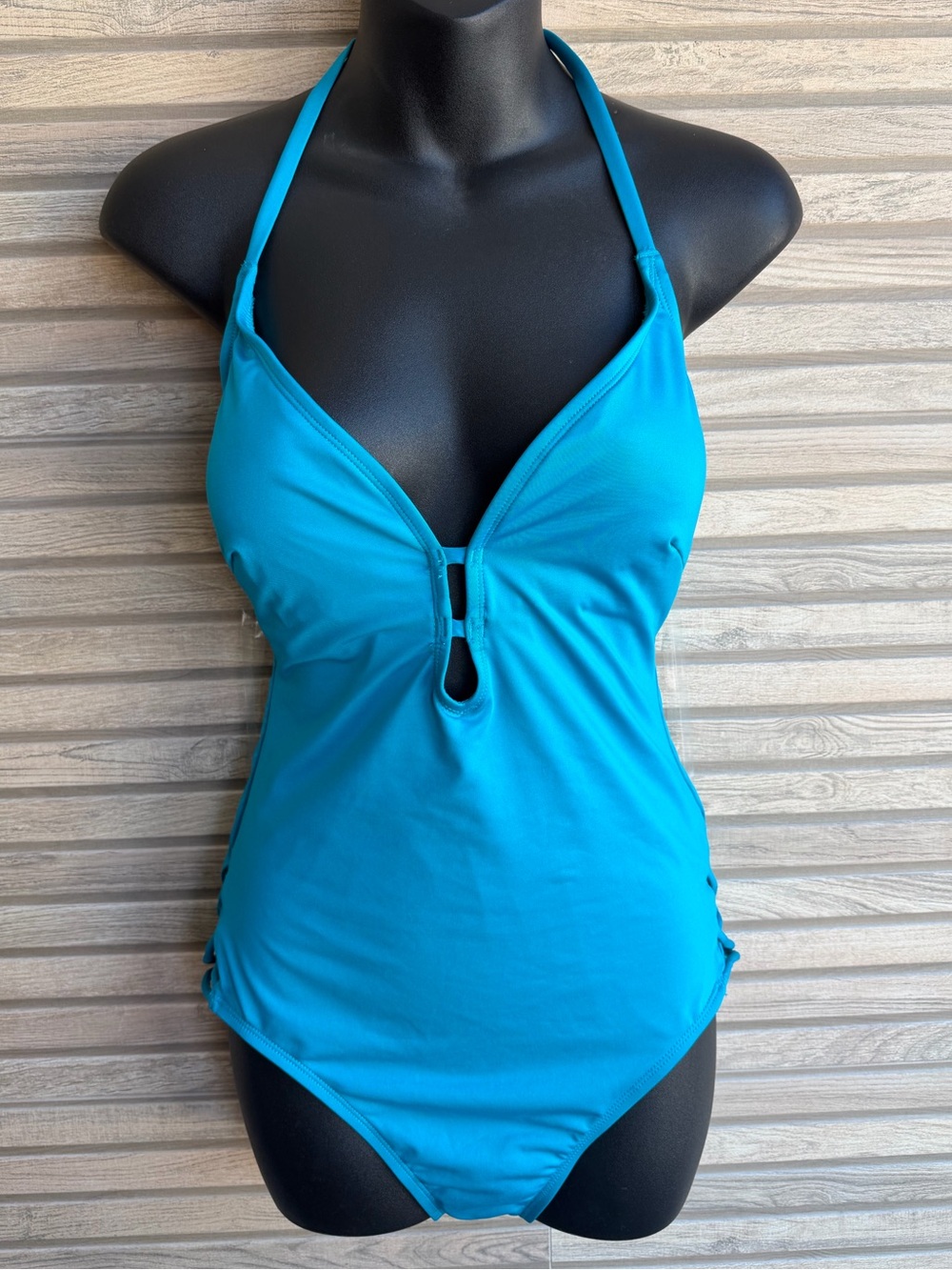 NWOT Laundry by Shelli Segal One Piece Swimsuit Turquoise Halter Ruched Cut Out